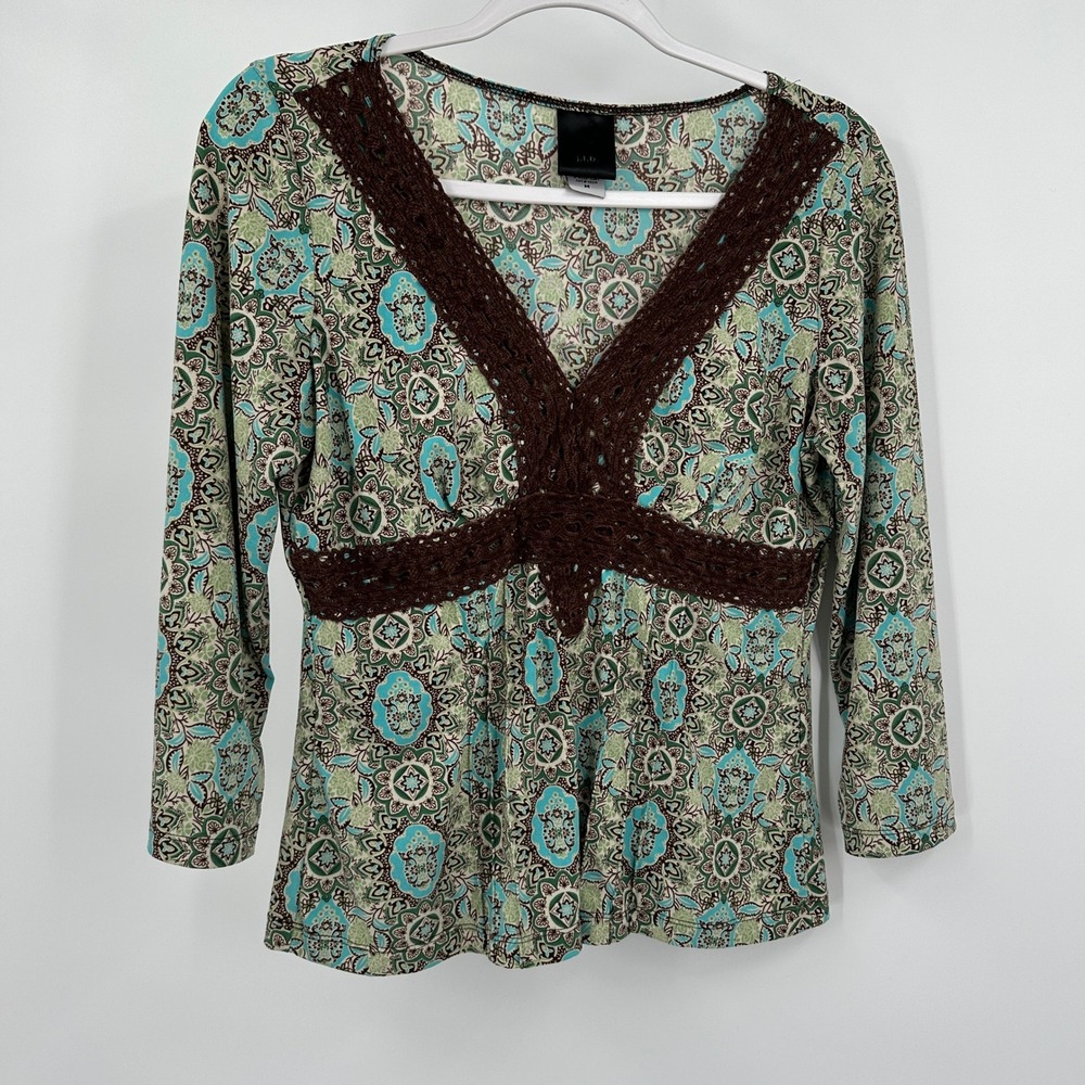 Womens‎ Y2K Boho Babydoll Top Size M Crochet Trim Retro Print Fairy Grunge Indie